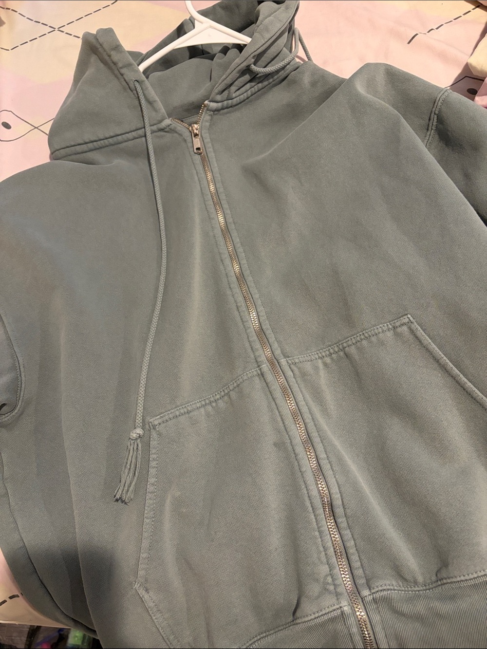 Brandy Melville Women's Zip-Up Hooded Jacket in Sage Green